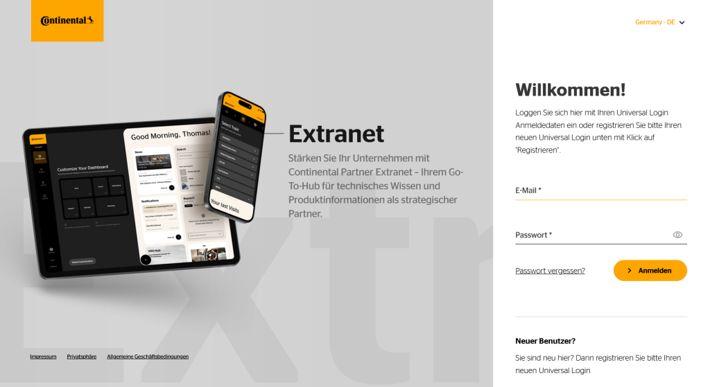 Einstiegsseite in das Continental-Extranet Kundenportal